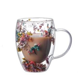 10.1oz Double Wall Glass Coffee Mug with Dry Flowers Inside