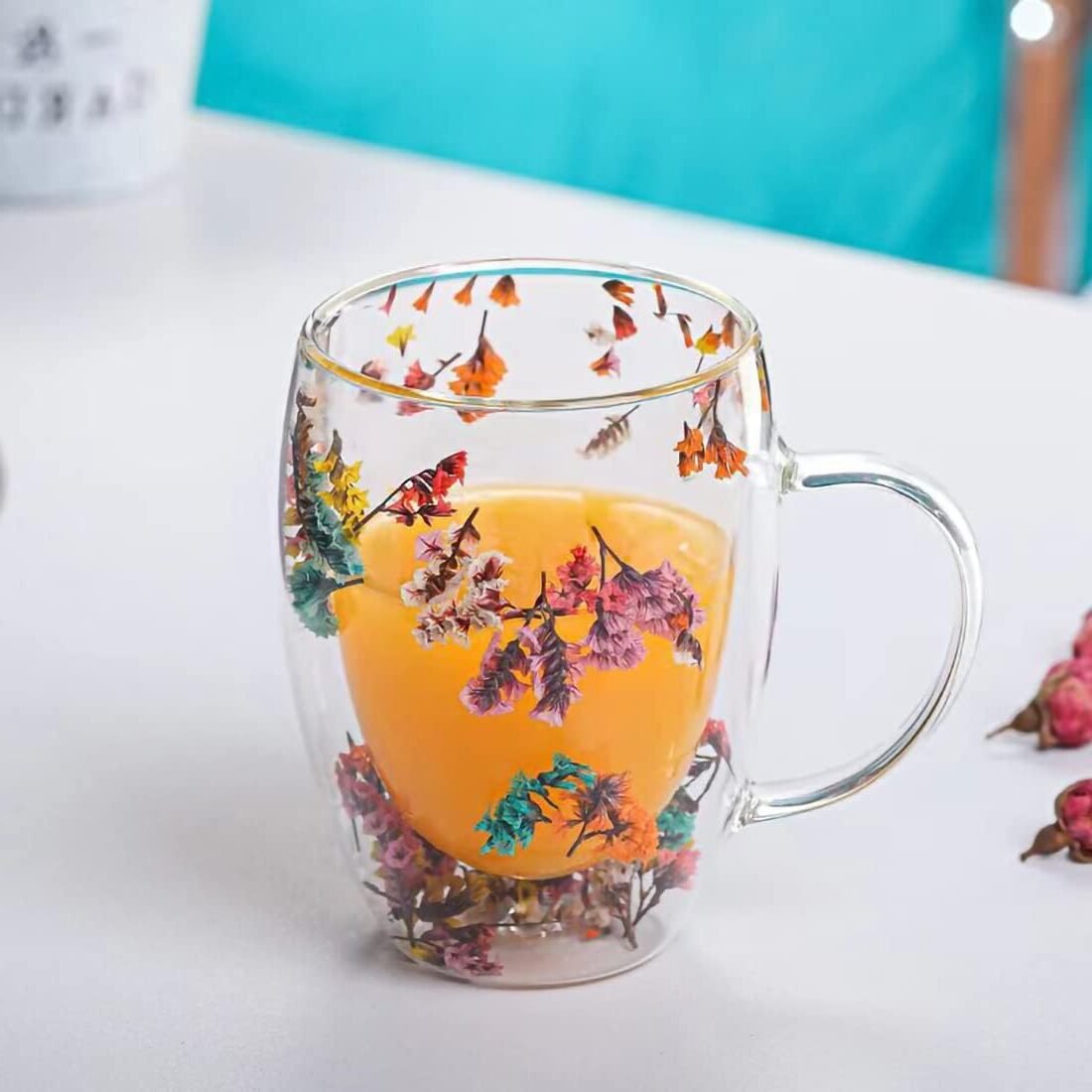 10.1oz Double Wall Glass Coffee Mug with Dry Flowers Inside - Image 2