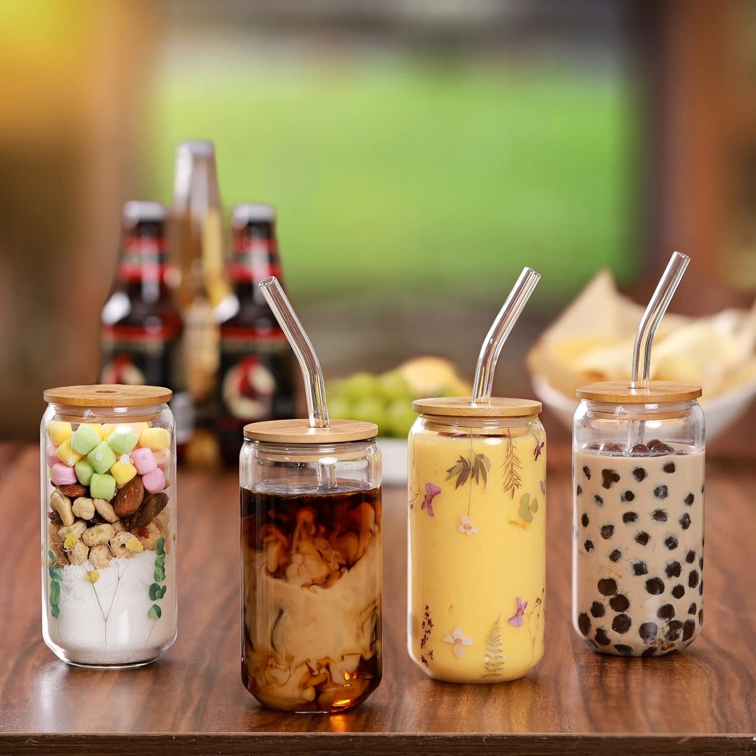 16oz Drinking Glass with Bamboo Lids and Glass Straw - Image 4
