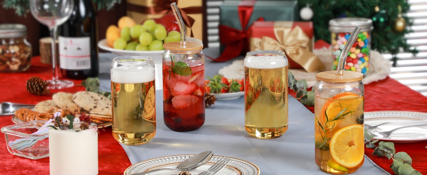 16oz Drinking Glass with Bamboo Lids and Glass Straw - Image 2