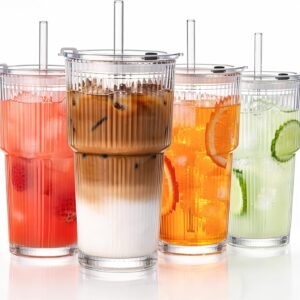20oz Ribbed Glass Tumbler with Straw and Lid