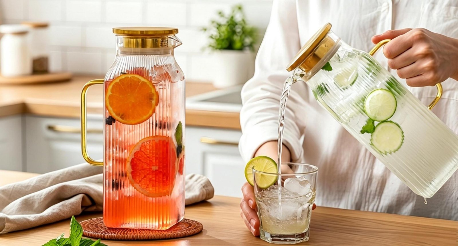 2L/68 oz Square Glass Pitcher with Lid, Stripe Pattern Outside - Image 2