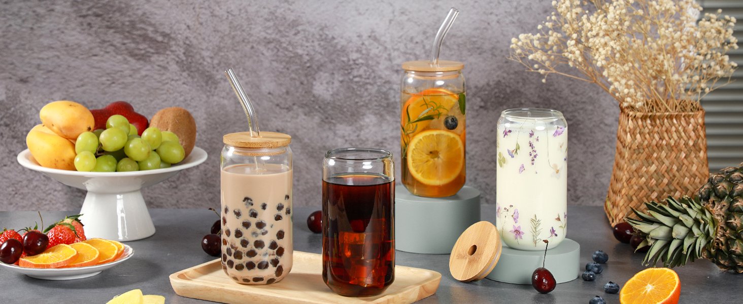 16oz Drinking Glass with Bamboo Lids and Glass Straw - Image 3