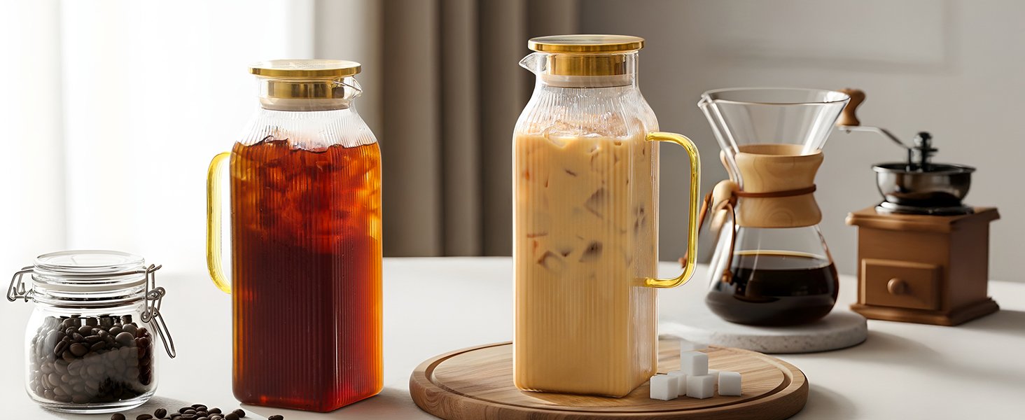 2L/68 oz Square Glass Pitcher with Lid, Stripe Pattern Outside - Image 3