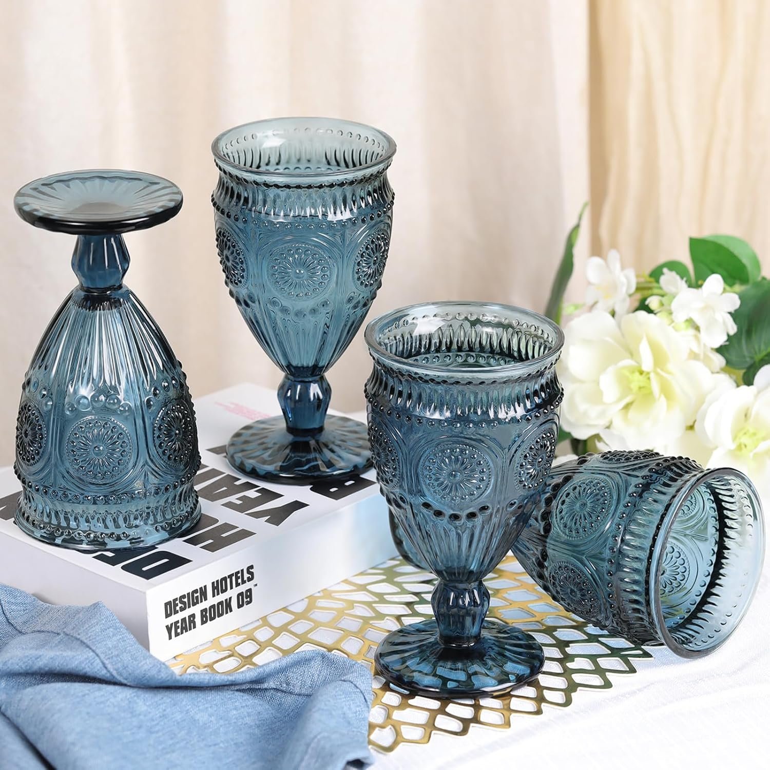 10oz Blue Vintage Wine Goblet with Embossed Pattern - Image 5