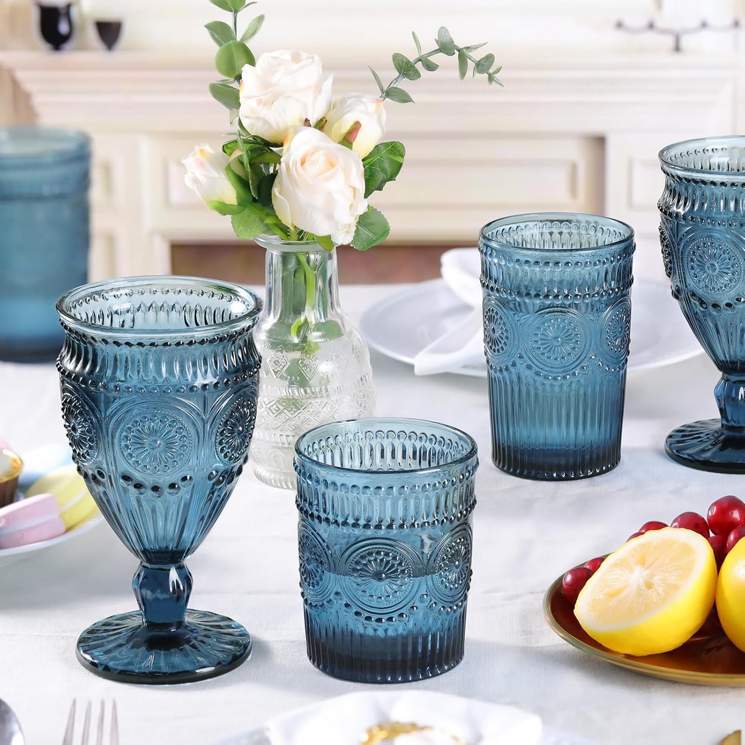 10oz Blue Vintage Wine Goblet with Embossed Pattern - Image 4