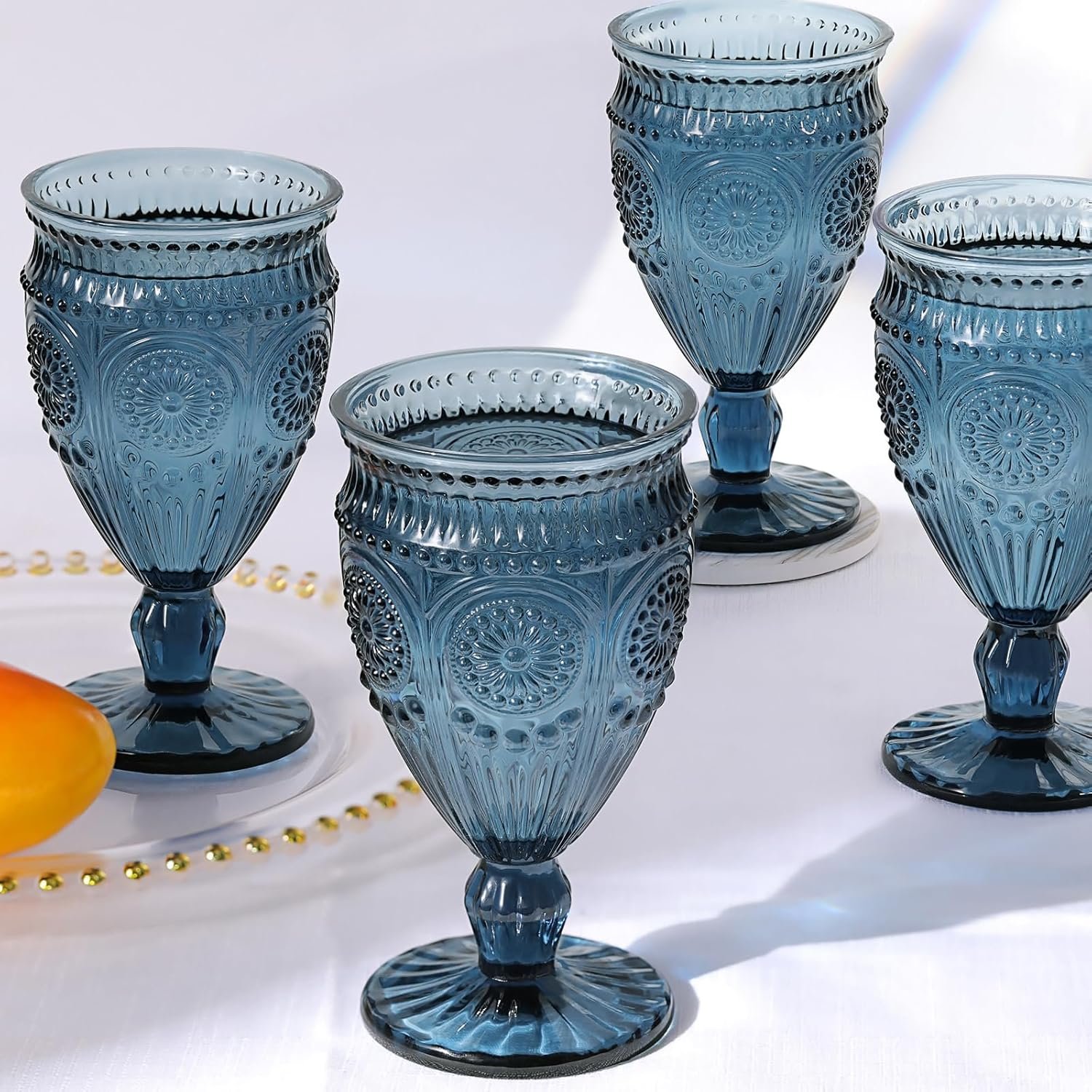 10oz Blue Vintage Wine Goblet with Embossed Pattern - Image 2