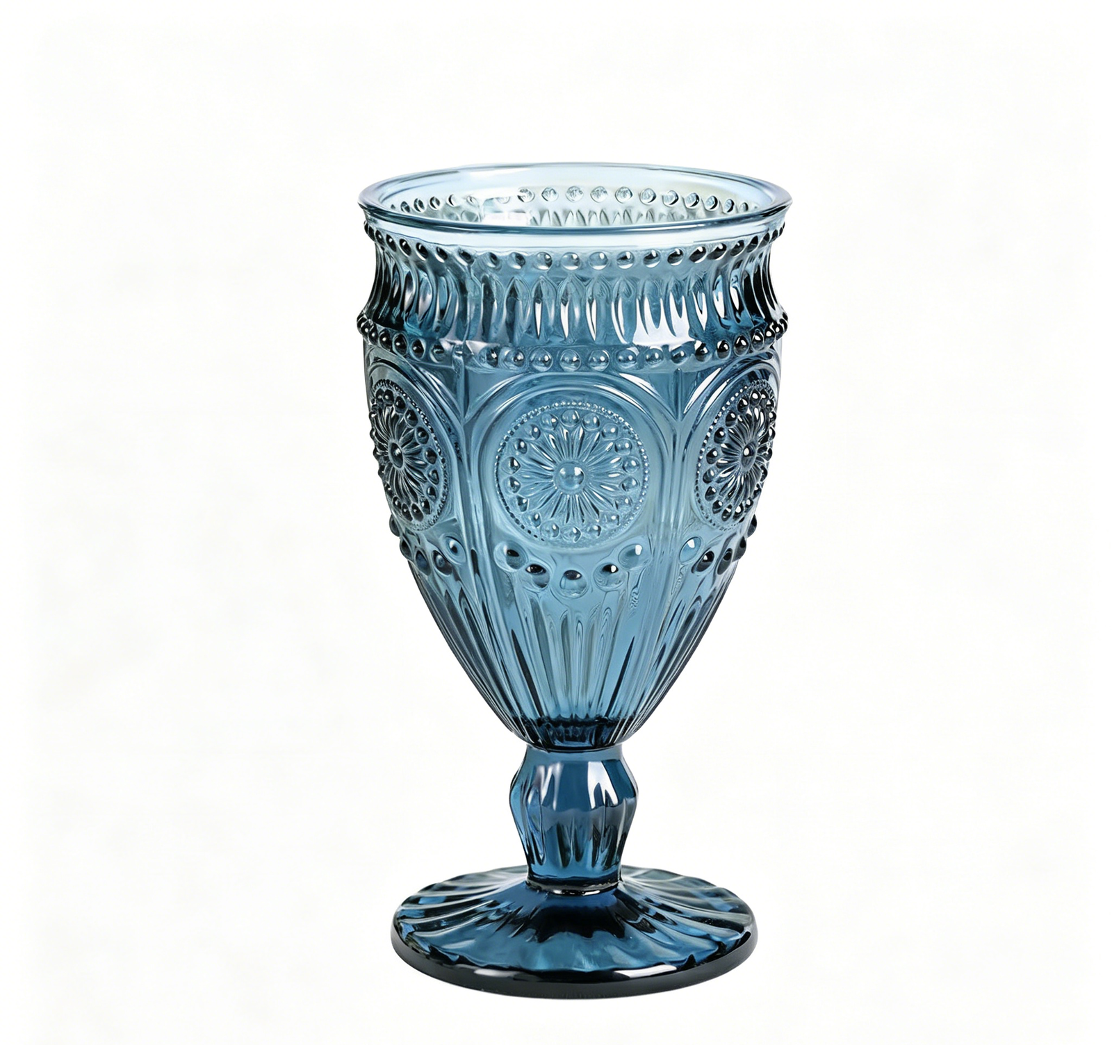 10oz Blue Vintage Wine Goblet with Embossed Pattern